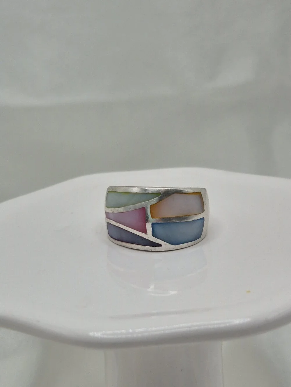 Sterling Silver Multicolor Pastel Mother Of Pearl (MOP) Inlay Band Ring Mosaic